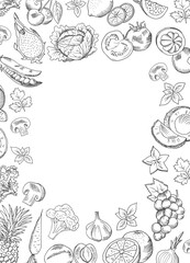 Cooking ingredients round frame. Food hand drawn border