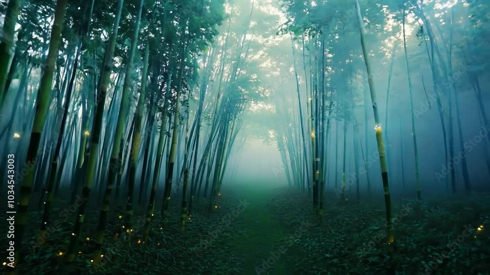Wall mural mystical bamboo forest path lit by fireflies.