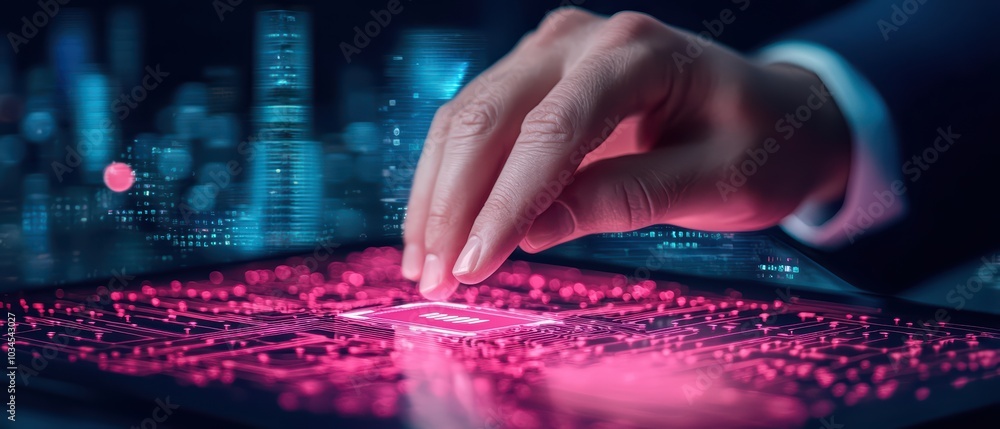 Poster close-up of a hand interacting with a digital interface featuring glowing circuits and cityscape bac