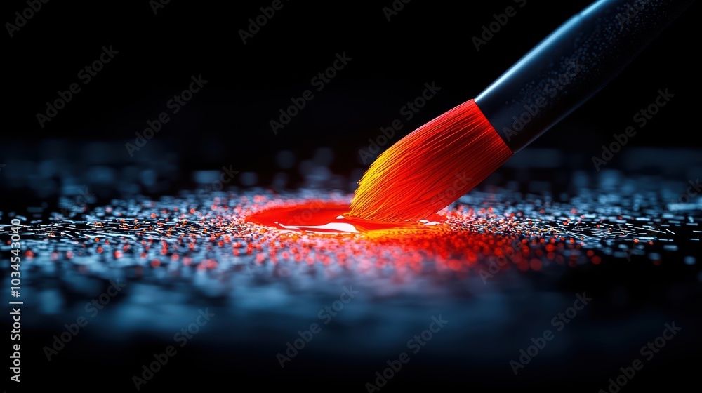 Aufkleber close-up of a vibrant paintbrush creating a circular brushstroke with red paint on a dark textured s