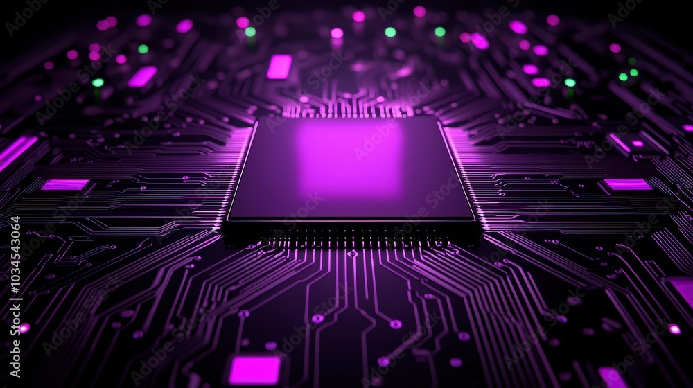 Poster close-up view of a purple circuit board with a central processing unit on a dark background.