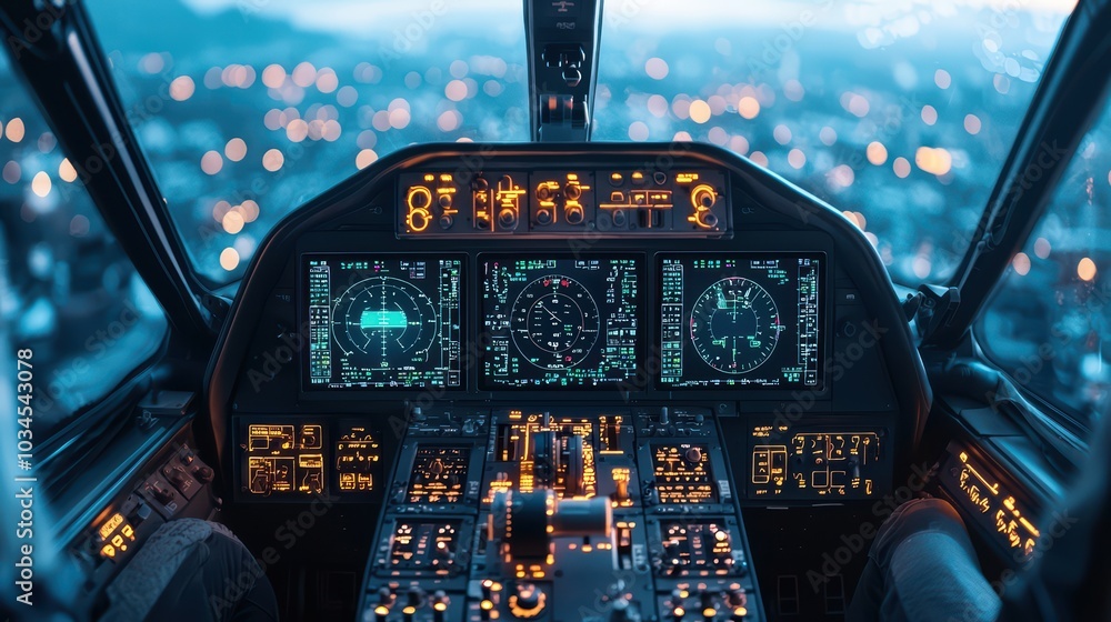 Poster cockpit view of an aircraft with illuminated instruments and controls, blurred city lights in the ba