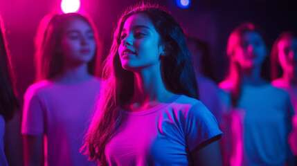 some young teen teenager actress and actors on a theatre rehearsal	
