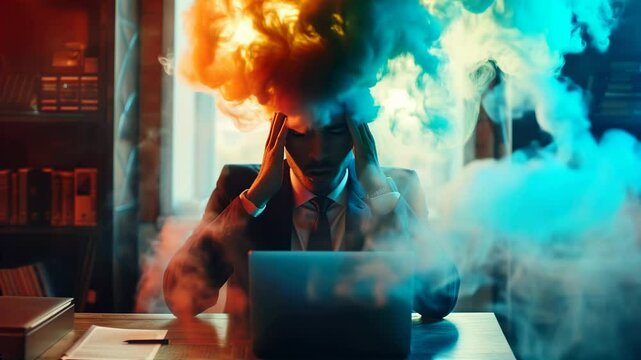 Overworked businessman in office, smoke from his head, burnout stress work excess
