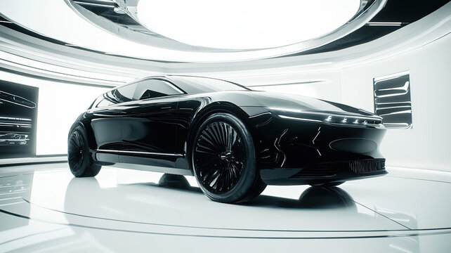 sleek electric black car with holographic wireframe futuristic digital technology background 3d illustration