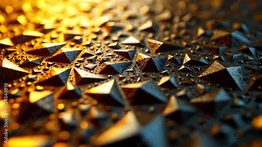 Poster glistening pyramids in various sizes capture soft golden light, creating an intricate dance of refle