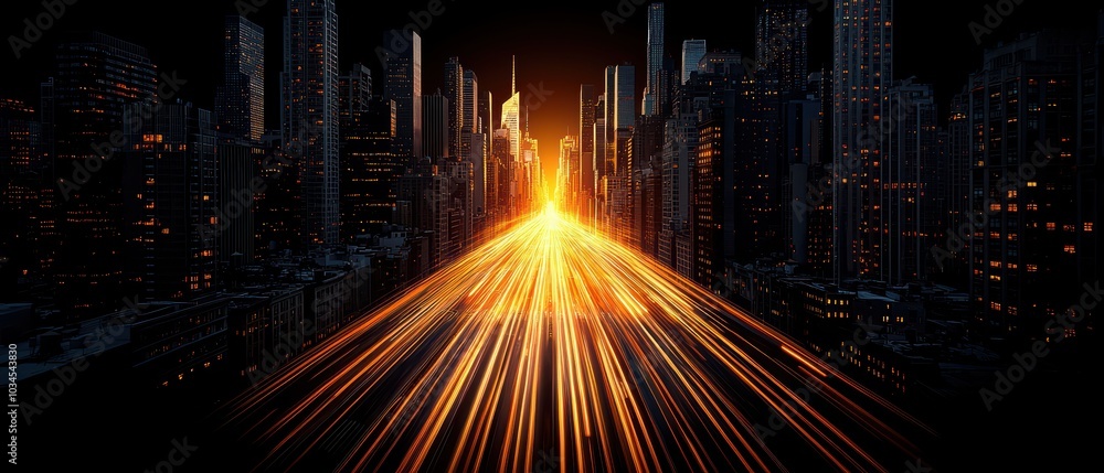 Poster dynamic cityscape with light trails creating a sense of speed and innovation.