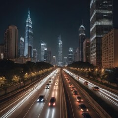 Obraz premium Futuristic Urban Cityscape at Night with Bright Skyscrapers and Digital Billboards
