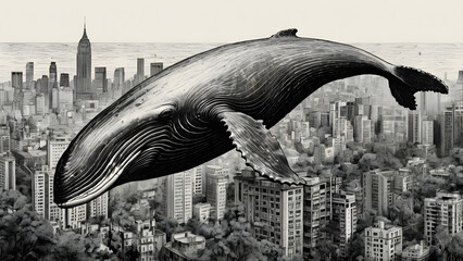 a sketch of a whale carrying an urban landscape generative ai