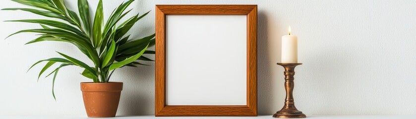 Elegant decor featuring a wooden frame, green plant, and candle on a neutral background.