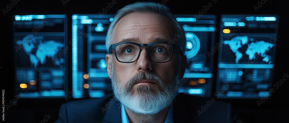 Poster focused professional with glasses analyzing data on multiple screens in a dark environment.