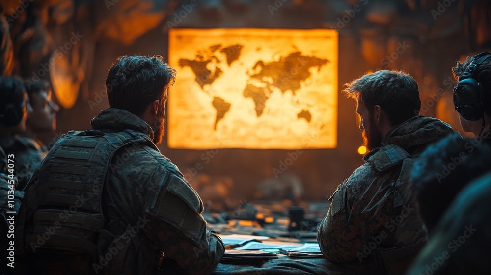 Poster A group of soldiers in tactical gear focuses intently on a large illuminated world map, discussing mission strategies in a dimly lit command center at night.