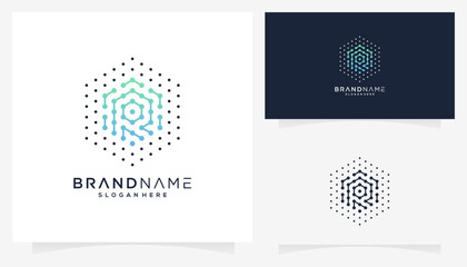 Vector letter R with dot connections in the form of a hexagonal cube icon symbols. Abstract unique monogram logo design inspiration. Gradient colors.