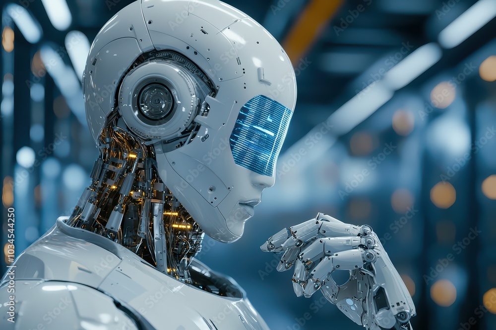 Aufkleber futuristic robot pondering in a high-tech environment with illuminated background.