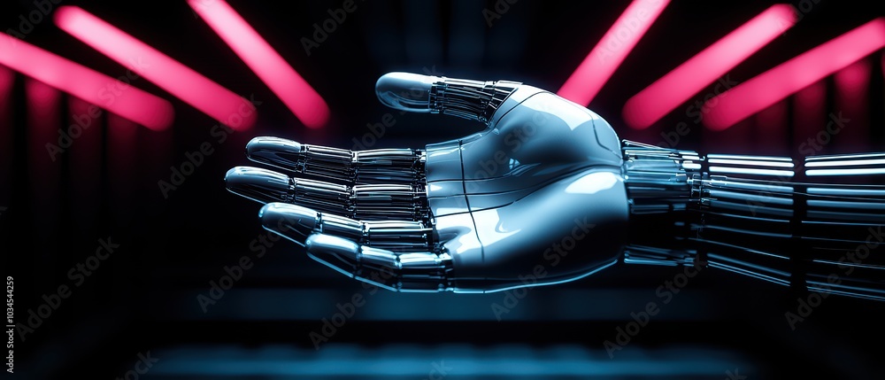Poster futuristic robotic hand extending in a high-tech setting with vibrant neon lights.