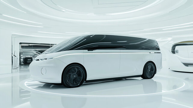 Futuristic Electric Delivery Minivan with Full Self-Driving System on City Highway