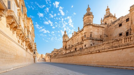 Fototapeta premium Historic architecture under clear blue sky, showcasing intricate designs along a tranquil street.
