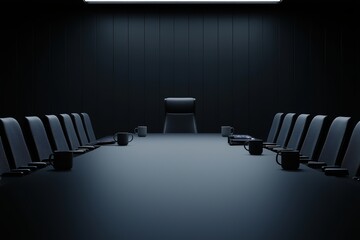 Modern, empty conference room with a large table and chairs, dark walls, and minimal lighting.