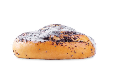 Poppy seeds roll bun with glazed cream topping on a white isolated background