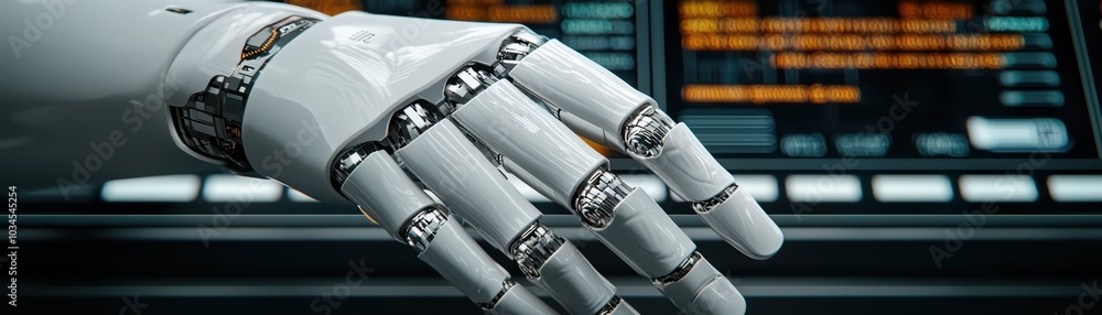 Poster robotic hand performing advanced tasks in a futuristic environment.
