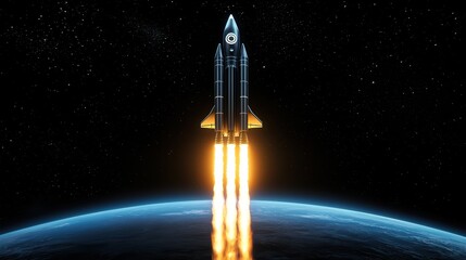 Rocket launching into space with vibrant flames against a cosmic backdrop.