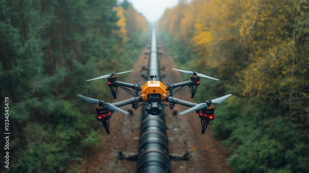Poster a drone is actively capturing footage while hovering over a long pipeline surrounded by vibrant autu