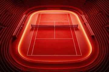 Vibrant red tennis court with illuminated surroundings in a dramatic setting.