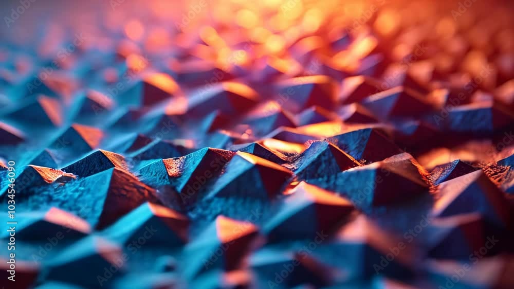 Poster closeup of a textured surface with intricate geometric patterns illuminated by vibrant orange and bl