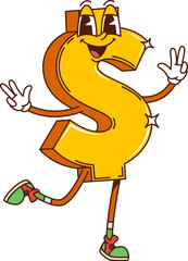 Retro groovy dollar sign finance character. Isolated cartoon vector funky golden currency symbol financial personage. Savings, investment, dollar sign with psychedelic 60s vibes sparkling and smiling