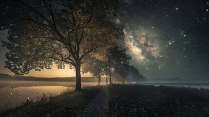 Silhouettes of trees stand tall against a backdrop of a starry night sky, with the Milky Way shining brightly above.