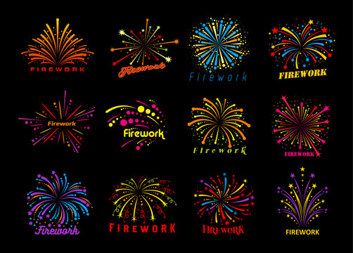 Carnival event firework icons, birthday holiday and fiesta party firecrackers. Vector explosions of New Year fireworks, confetti and Christmas firecracker with rainbow star lights, sparkles, streamers