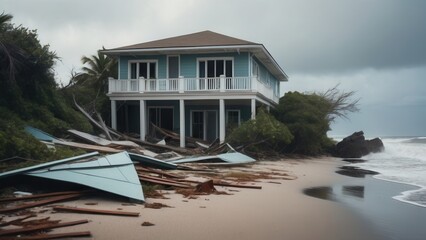 Fototapeta premium Waves destroy a coastal home, showcasing destruction of coastal buildings