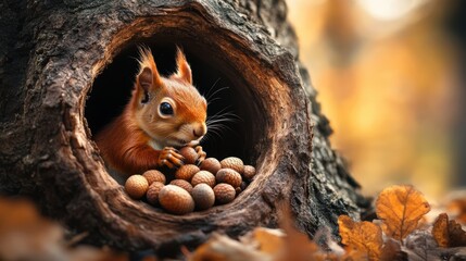 Obraz premium A squirrel sits in a tree hollow surrounded by acorns, showcasing a cozy autumn scene.