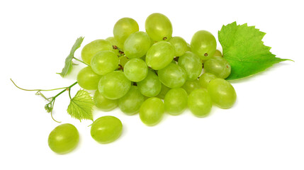 Green grapes with leaves isolated on white background