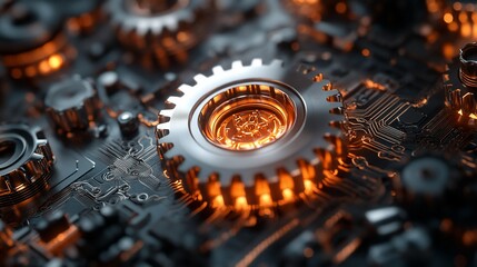 Close-up of metallic gears on a circuit board with glowing orange light.