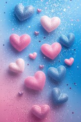 Fototapeta premium Colorful, sparkling hearts in pink and blue create a whimsical display, perfect for celebrations of love and affection.