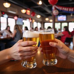 A bar scene depicting two toasting glasses adorned with American flags during the Fourth of July celebration