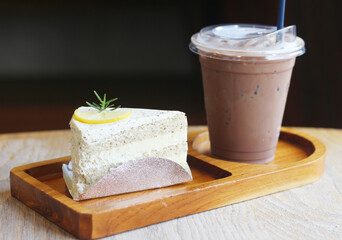 Earl Grey Lemon Cake with Iced Cocoa on Wooden Tray