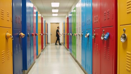 Colorful locker-lined hallway