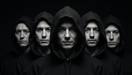 Hooded figures gather before a backdrop of darkness