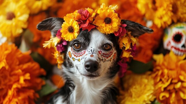 This cute dog showcases a colorful flower wreath and intricate sugar skull face paint set against a backdrop of festive Dia de los Muertos decorations and vibrant marigolds