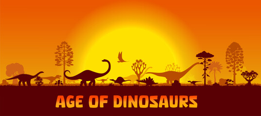 Dinosaurs silhouettes on sunset landscape. Prehistoric animals on dusk background with trees and plants. Vector dino species and flying pterosaur shadows in front of large sun in evening orange sky © Vector Tradition