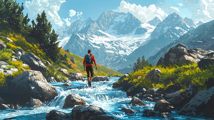 Solo adventurer crossing a fast-flowing stream, balancing on rocks