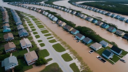 Aerial view of flooded houses, demonstrating destruction of coastal buildings