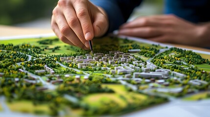 Naklejka premium A Person's Hand Pointing at a Detailed Model of a City with Buildings and Trees
