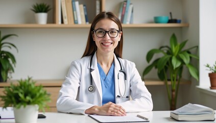 A cheerful glass-wearing doctor attends to patients amidst plants and books in a neatly organized clinic