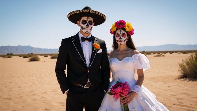 A festive celebration of Dia de los Muertos and Cinco de Mayo themes featuring a male and female Catrina donning intricate sugar skull makeup in the arid landscape of Mexicos deserts