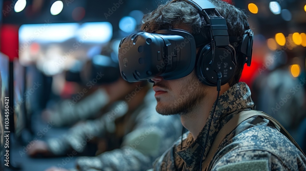 Aufkleber a group of soldiers occupies a dimly lit room, immersed in virtual reality training using headsets. 