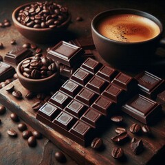 Rich dark chocolate bars paired with roasted coffee beans on a rustic surface