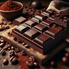 Rich dark chocolate bars paired with roasted coffee beans on a rustic surface